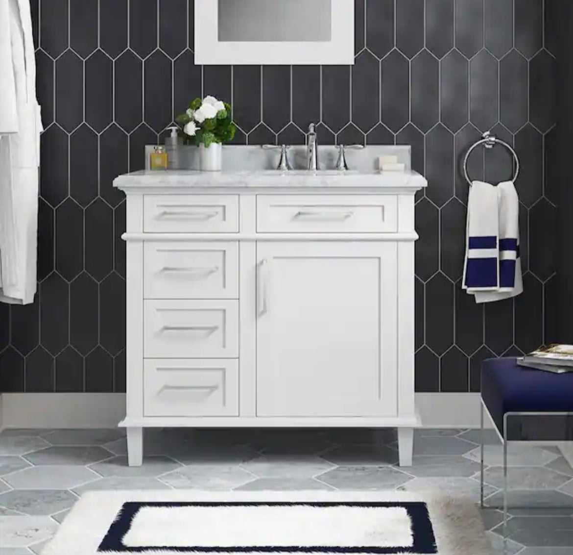 Home Decorators Collection Sonoma 36 in. W x 22 in. D x 34.50 in. H Bath Vanity in Midnight Blue with Carrara Marble Top