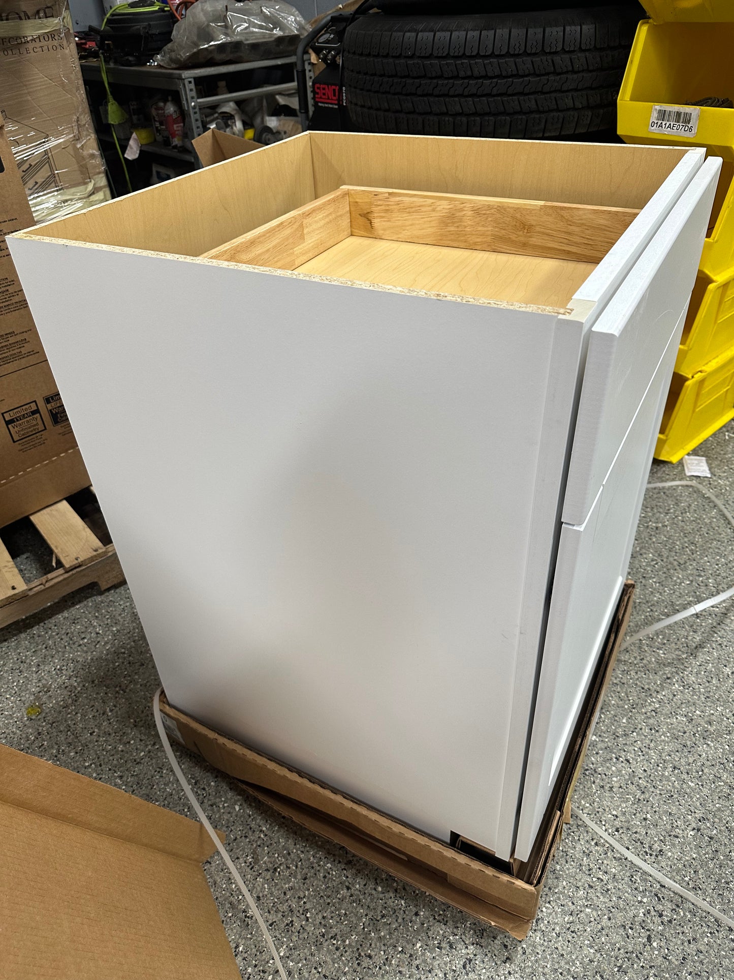 Hampton Bay Shaker Satin White Stock Assembled Base Kitchen Cabinet with Ball-Bearing Drawer Glides (24 in. x 34.5 in. x 24 in.)