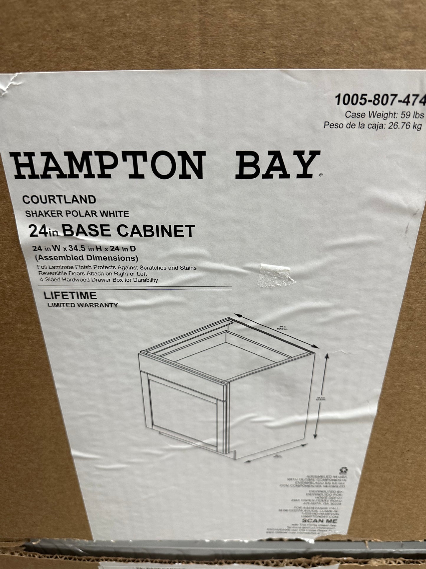 Hampton Bay Courtland Shaker 24 in. W x 24 in. D x 34.50 in. H Assembled Base Kitchen Cabinet in Polar White