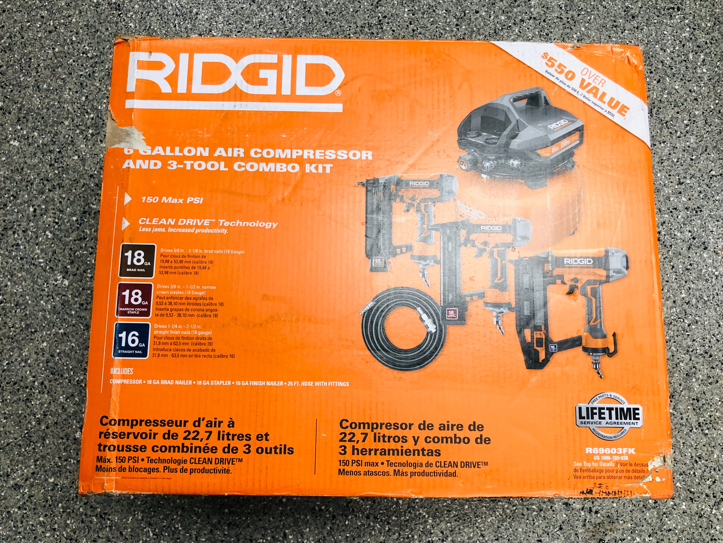 RIDGID 6 Gal. Portable Electric Pancake Air Compressor w/ 18GA Brad Nailer, 16GA Straight Finish Nailer, & 18GA Finish Stapler