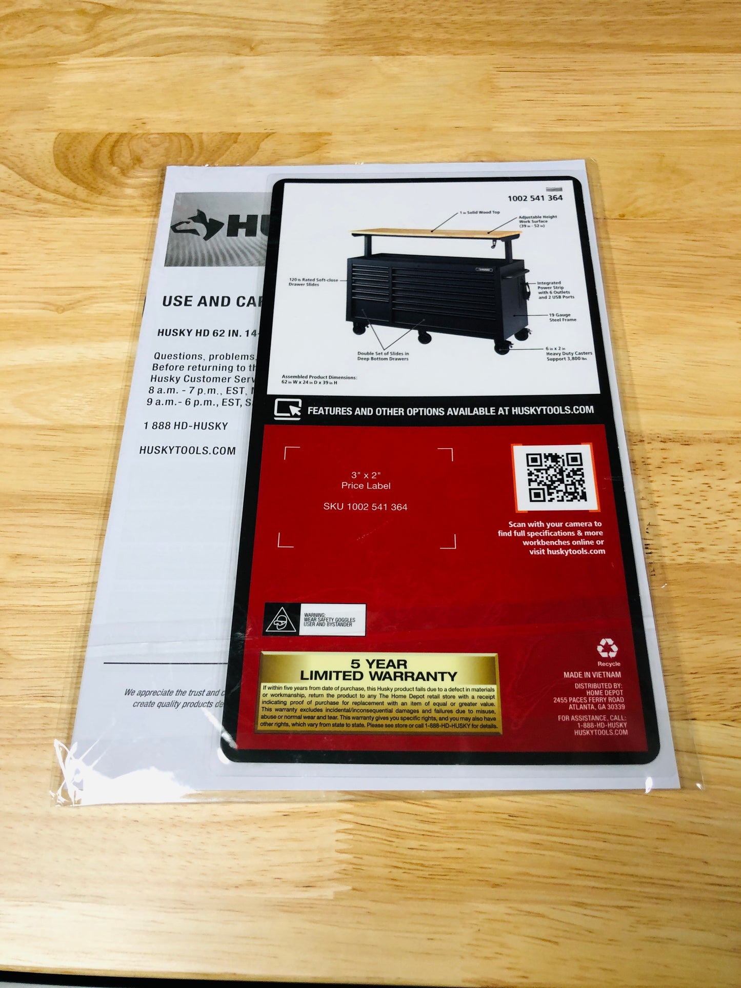 Husky 62 in. W x 24 in. D Heavy Duty 14-Drawer Mobile Workbench Cabinet with Adjustable Height Wood Top in Matte Black