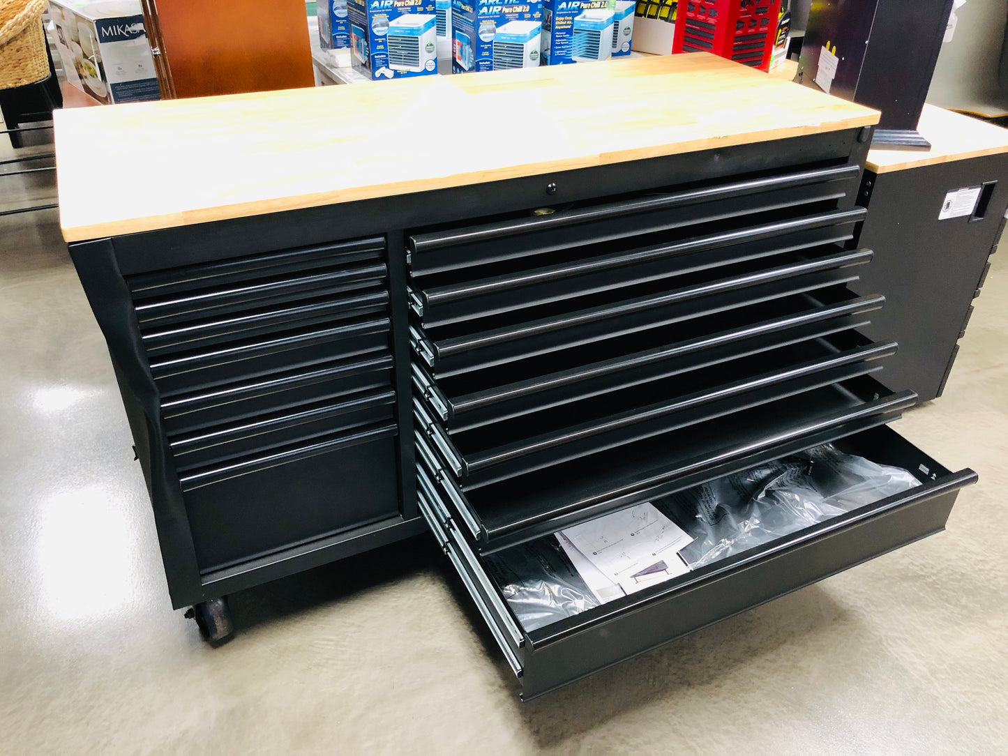 Husky 62 in. W x 24 in. D Heavy Duty 14-Drawer Mobile Workbench Cabinet with Adjustable Height Wood Top in Matte Black