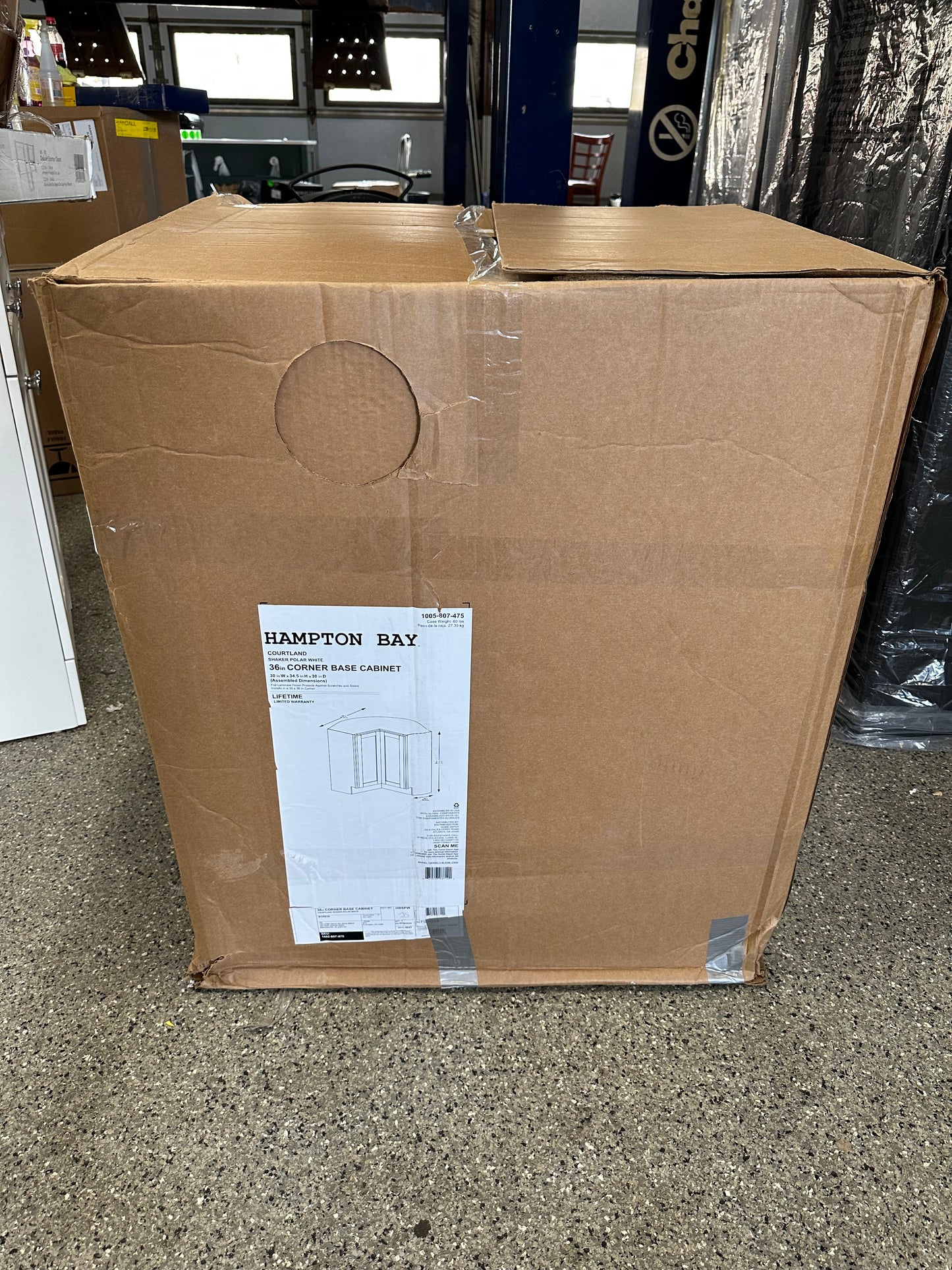 Hampton Bay Courtland Shaker Assembled 30 in. x 34.5 in. x 30 in. Stock Lazy Susan Corner Base Left Kitchen Cabinet in Polar White