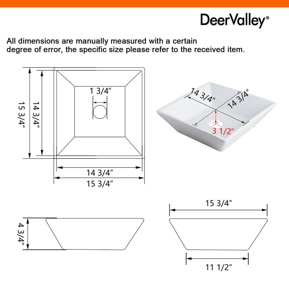 DEERVALLEY Ace Classic Ceramic Square Vessel Sink in White