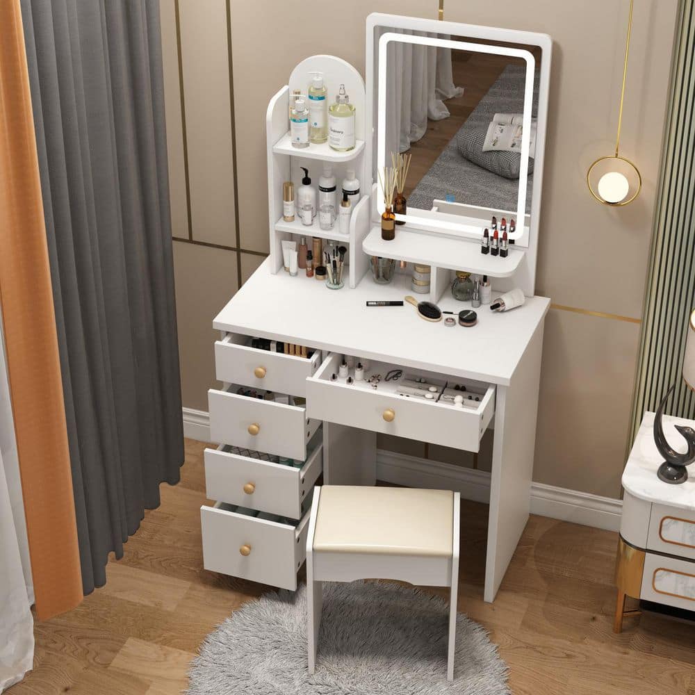 FUFU&GAGA 5-Drawers White Wood Makeup Vanity Table Dresser Sets