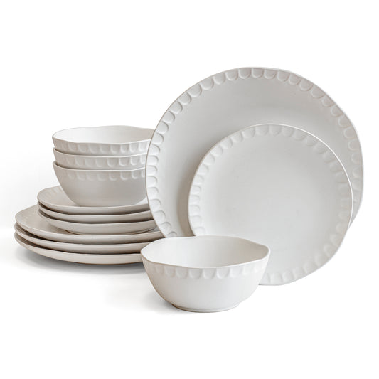 Over and Back 12 Piece White Thumbprint Stoneware Dinnerware Plate & Bowl Set