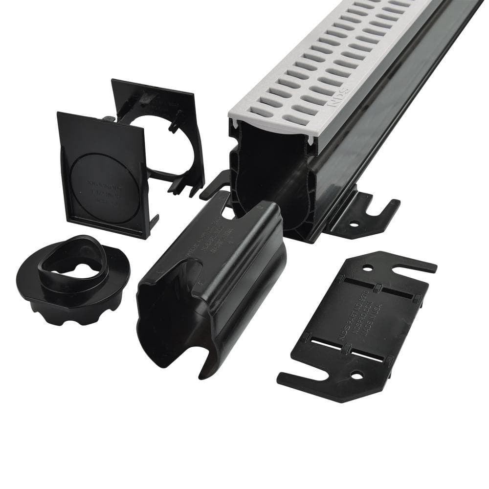 NDS 2-1/4 in. x 6 ft. Slim Channel Drain Kit Gray Grates, End Caps, Outlets, Coupling and Anchor Clips