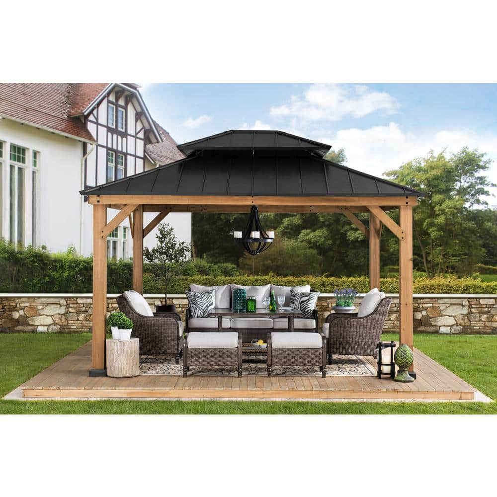 Hampton Bay Crownhill 11 ft. x 13 ft. Hardtop Gazebo with Wood Posts