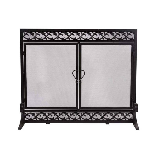 Small Cast Iron and Steel Scrollwork 1-Panel Fire Screen with Doors