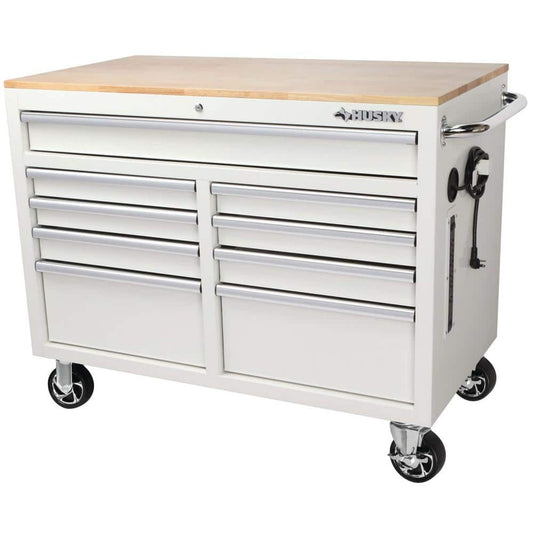Husky 46 in. W x 24.5 in. D Standard Duty 9-Drawer Mobile Workbench Cabinet with Solid Wood Top in Gloss White