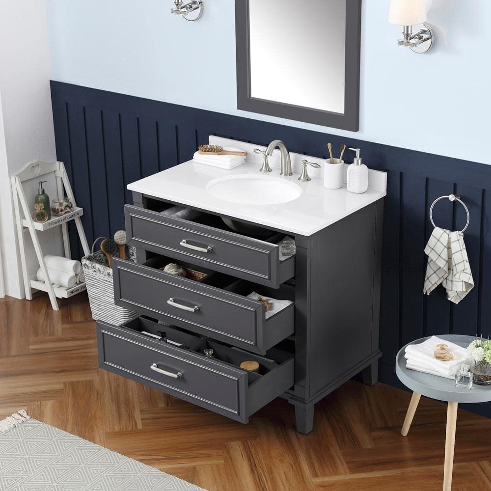 Home Decorators Collection Pinestream 36 in. W x 22 in. D Bath Vanity in Dark Charcoal with Cultured Stone Vanity Top in White with White Basin