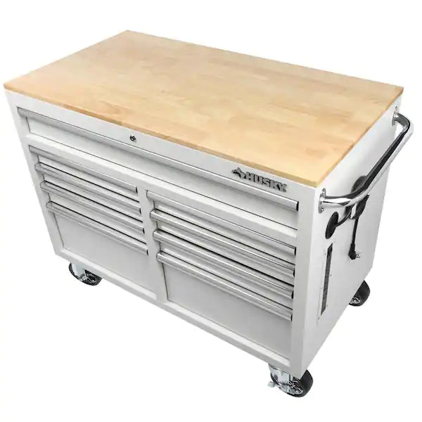 Husky 46 in. W x 24.5 in. D Standard Duty 9-Drawer Mobile Workbench Cabinet with Solid Wood Top in Gloss White