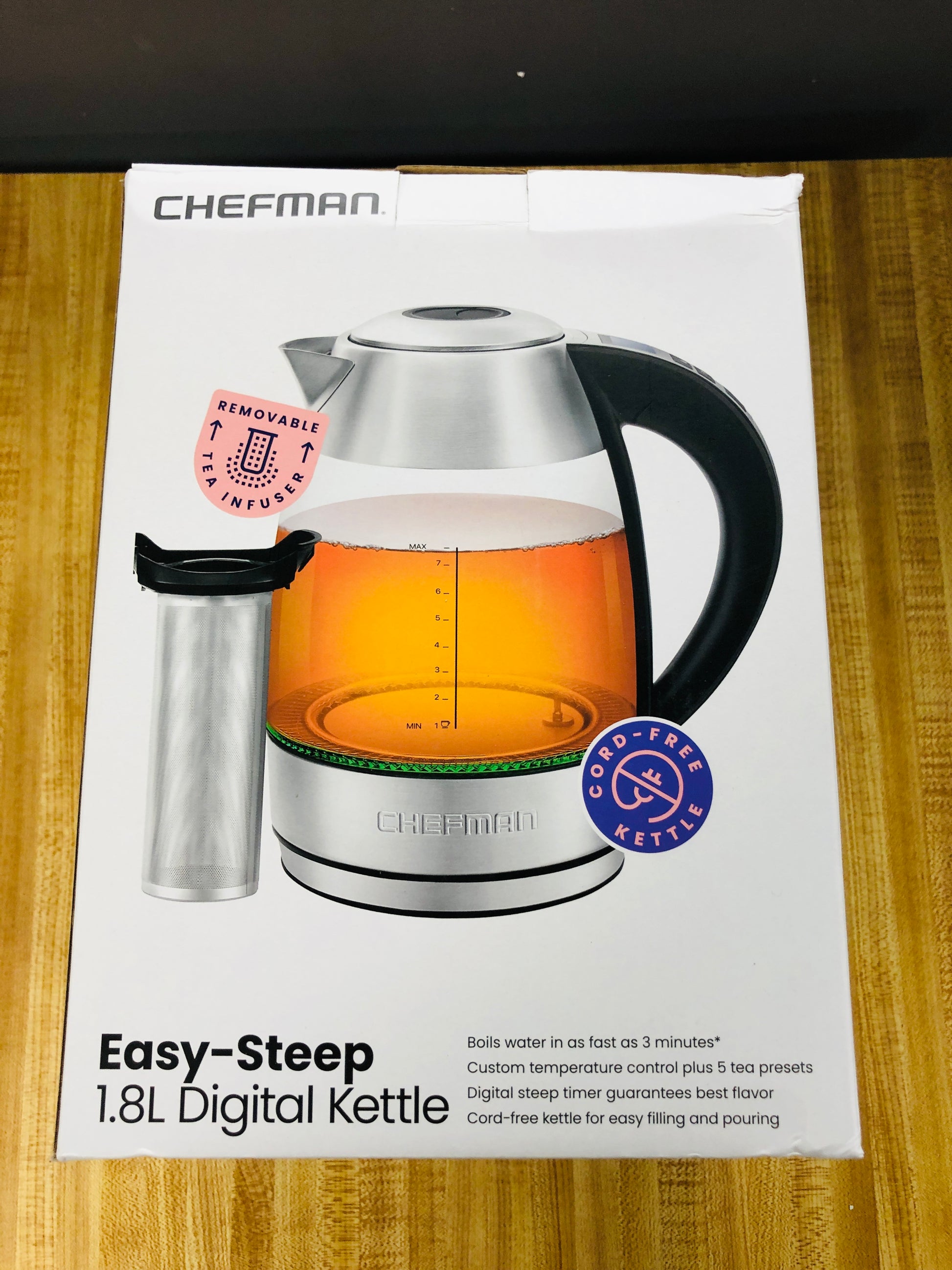 Chefman Electric Glass Kettle W/ Tea Infuser, Stainless Steel, 1.8 Liters