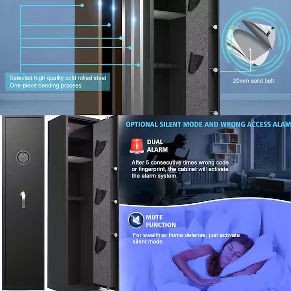 Black Storage Cabinet Long Gun Safe Large Rifle Safe Quick Access Biometric Fingerprint 5 Gun Cabinet with Silent Mode