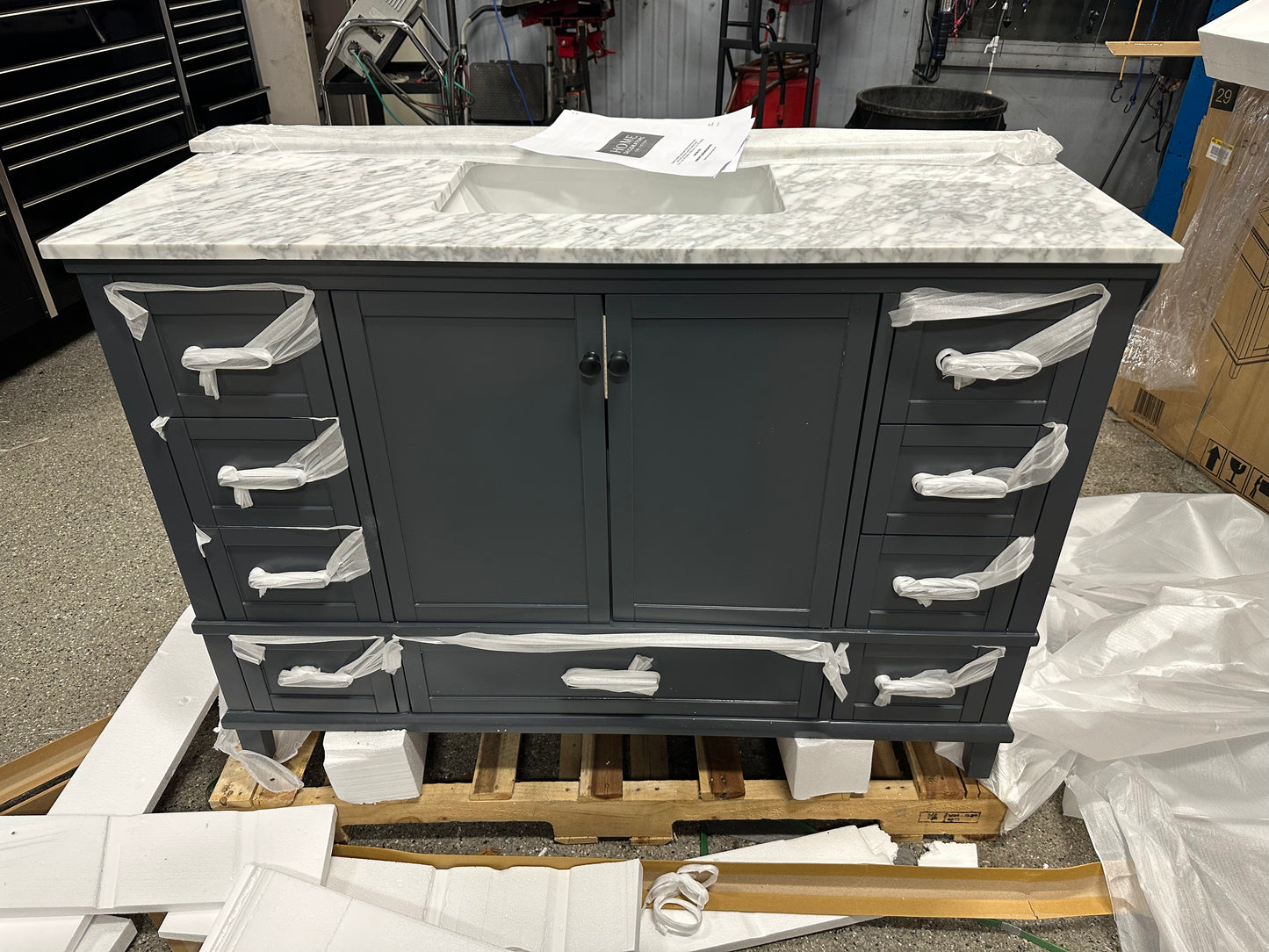 Home Decorators Collection Merryfield 49 in. W x 22 in. D Bath Vanity in Dark Blue-Gray with Marble Vanity Top in Carrara White with White Basin