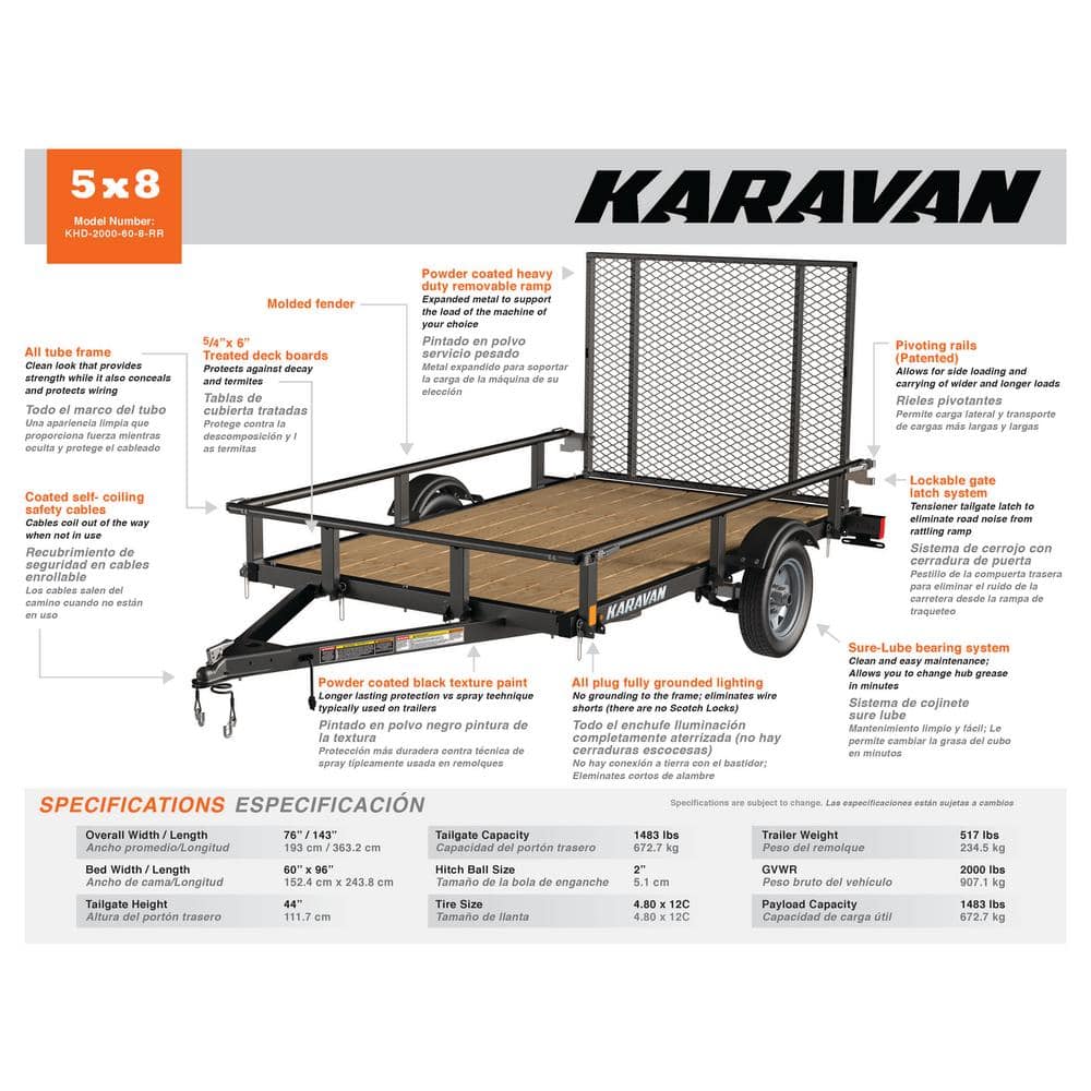 Karavan 5 ft. x 8 ft. Wood Floor Utility Trailer Kit w/ Patented Pivot Down Rail System